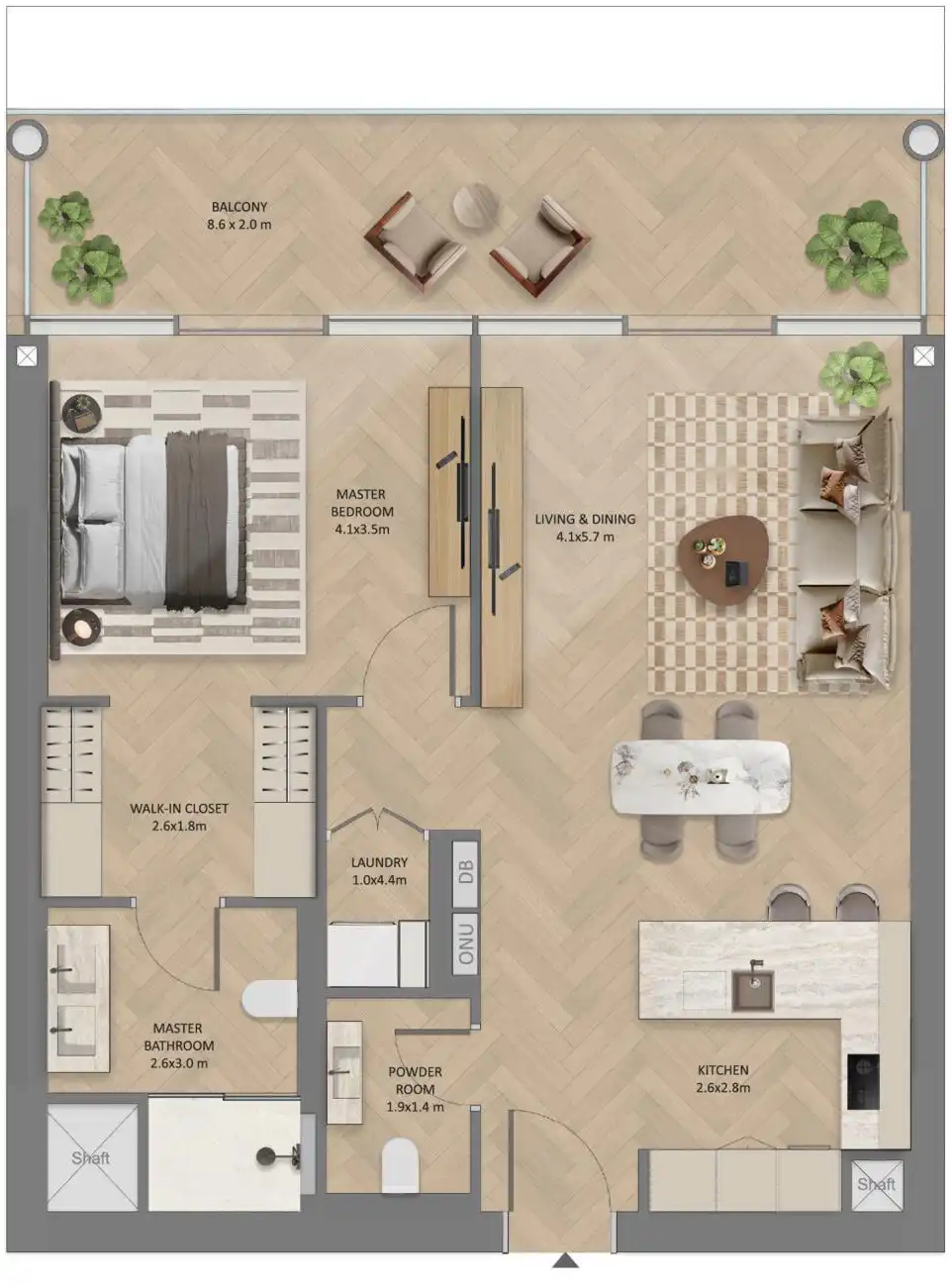 1 Bedroom Apartment Floor Plan at The Row Saadiyat by Aldar in Abu Dhabi - Presented by ELIVA Real Estate